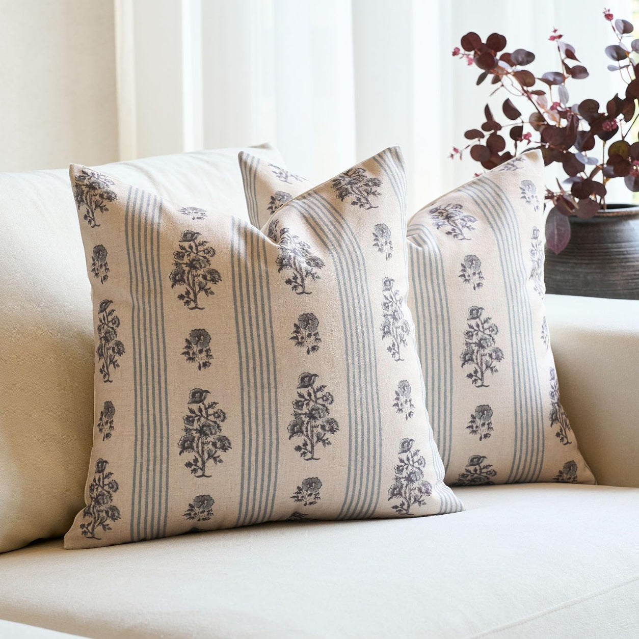 Rustic Floral Throw Pillow Cover - Light Blue