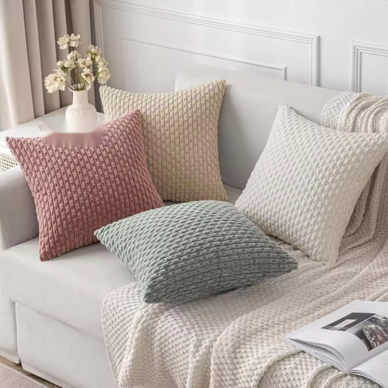 Soft Corduroy Striped Pillow Cover - Pink