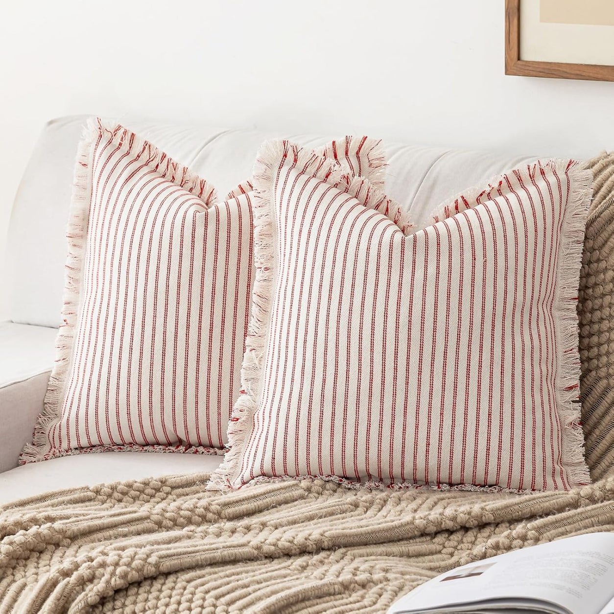 Farmhouse Striped Fringe Pillow Cover- Red
