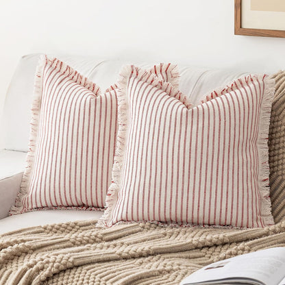 Farmhouse Striped Fringe Pillow Cover- Red
