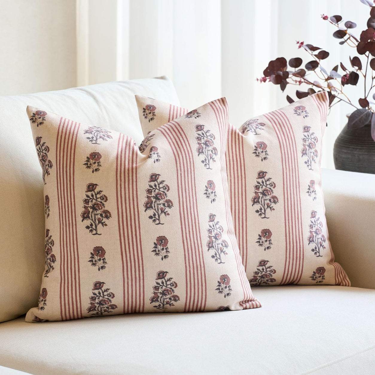 Rustic Floral Throw Pillow Cover- Brown - Red
