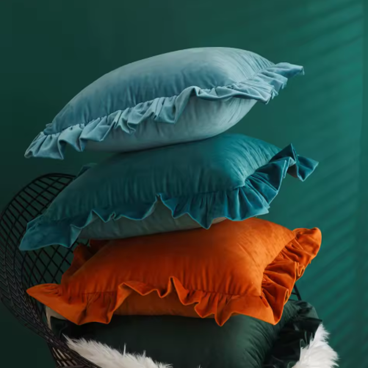 Ruffled Velvet Cushion Pillow Cover - Red