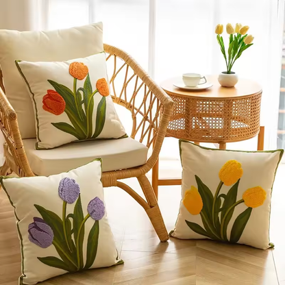 Embroidered Cotton Garden Pillow Cover - Orange Tulip