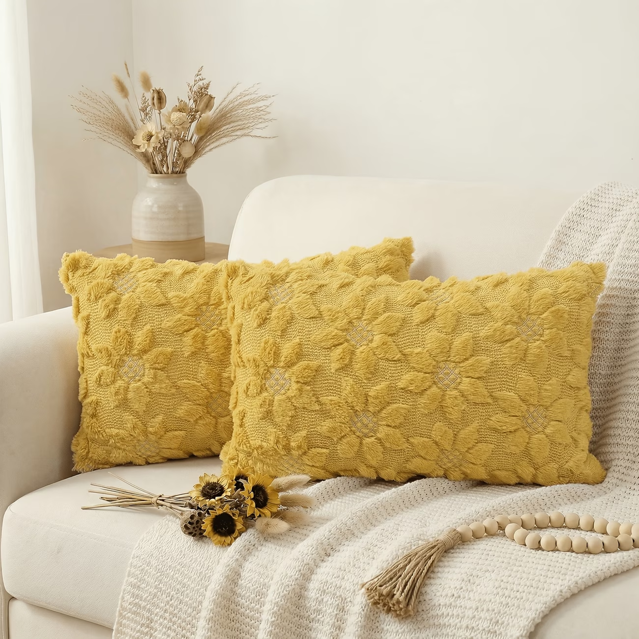3D Sunflower Embroidery Throw Pillow Cover- Yellow