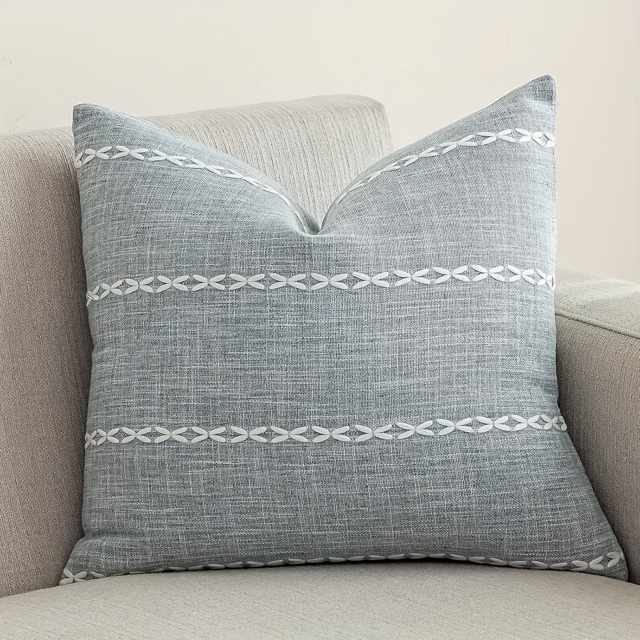 Embroidered Farmhouse Style Striped Pillow Cover- Striped Grey