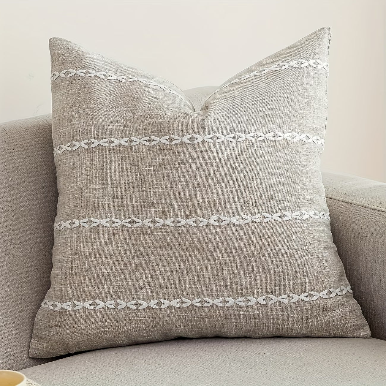 Embroidered Farmhouse Style Striped Pillow Cover- Striped Brown