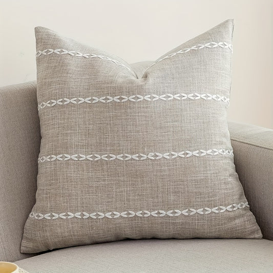 Embroidered Farmhouse Style Striped Pillow Cover- Striped Brown