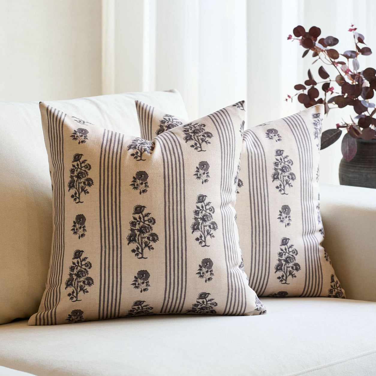Rustic Floral Throw Pillow Cover- Brown - Light Taupe