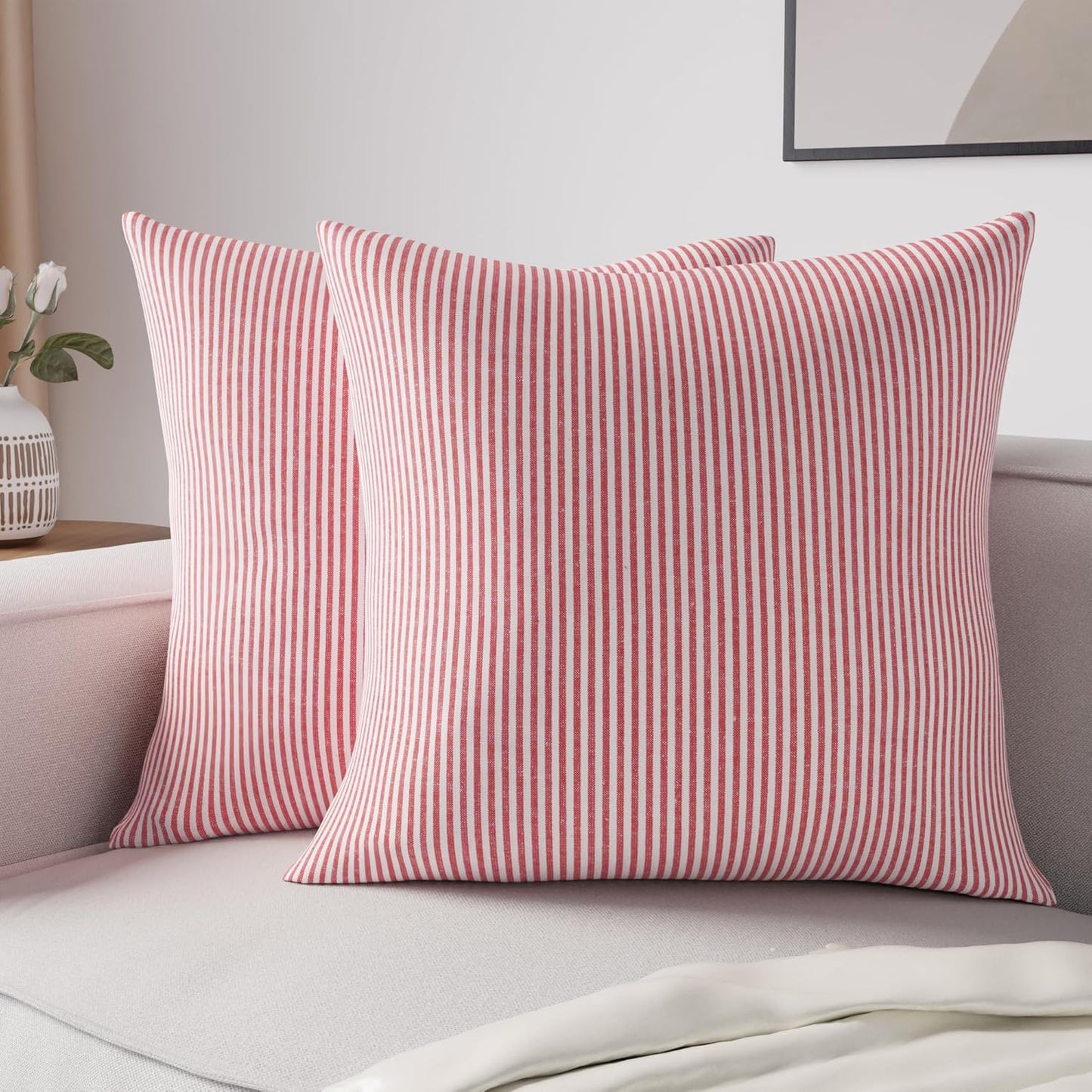 Striped Throw Pillow Cover Cases -Ticking Red